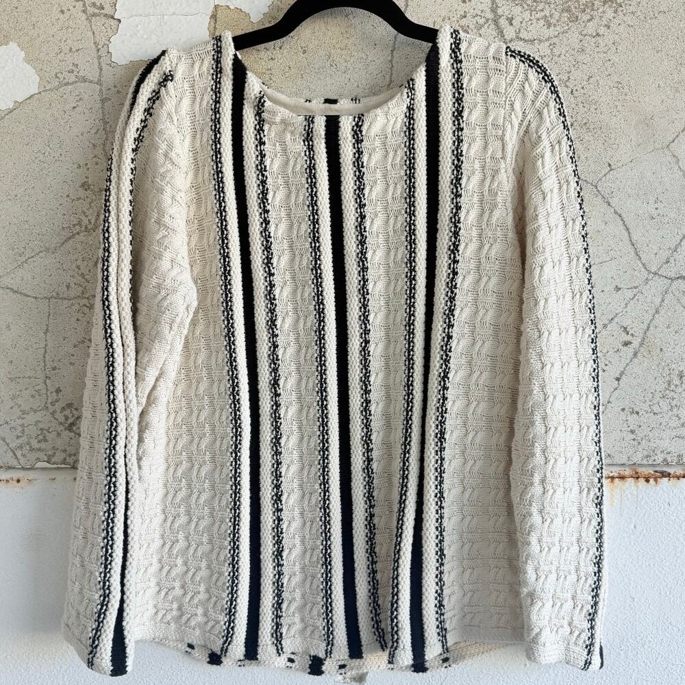 Vtg Chunky Knit Sweater Textured Stripe Cream Black Cozy Winter Pullover Women M